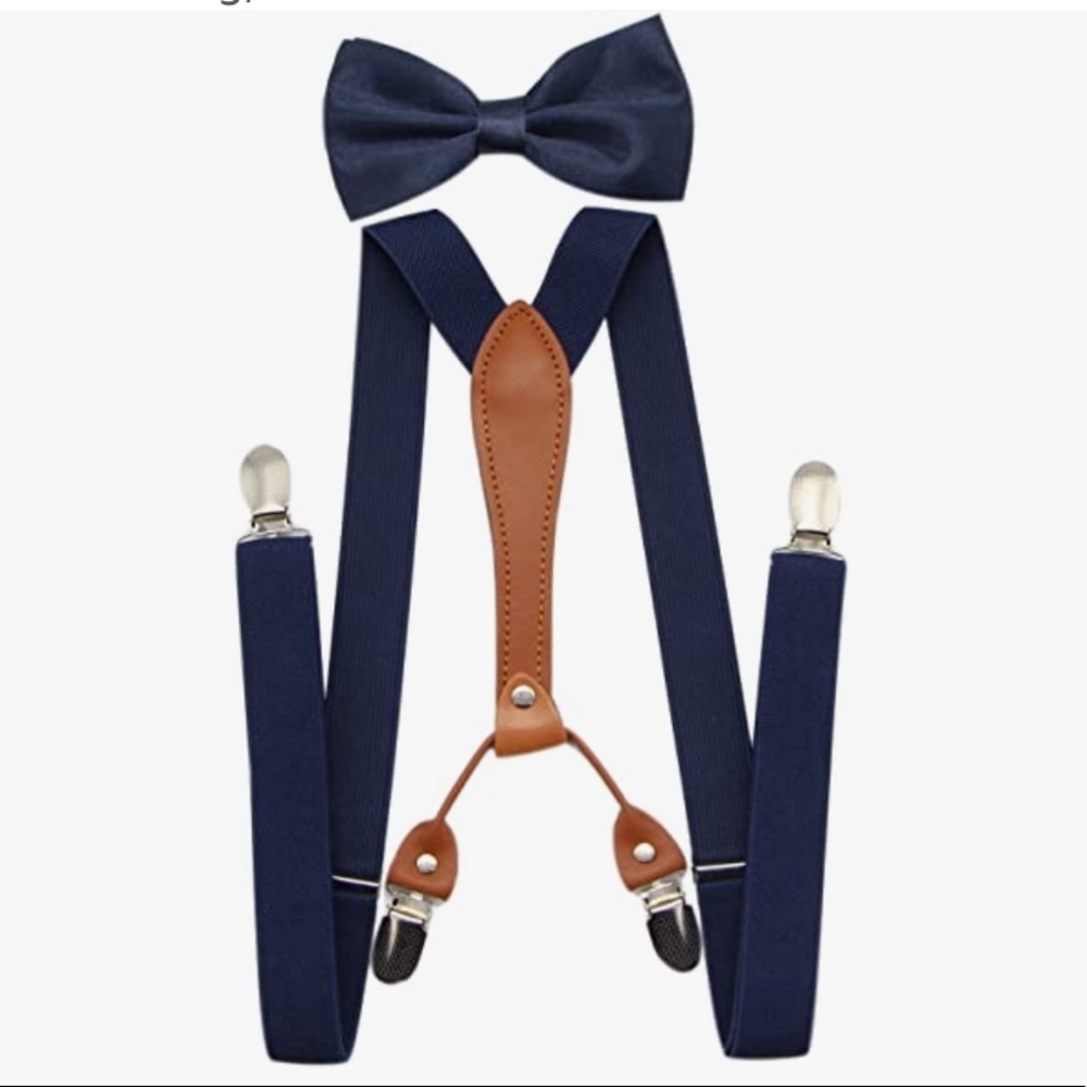 Mens suspenders 8 bow tie set navy blue. Never opened.